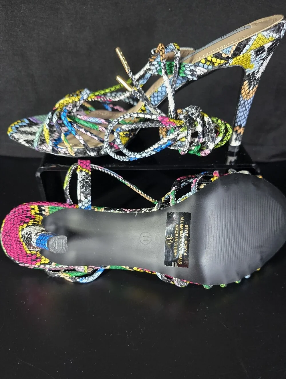 Unilady “Lacey” Colorful Snakeskin Ankle-Tie Heels – Size 11 – New in Box